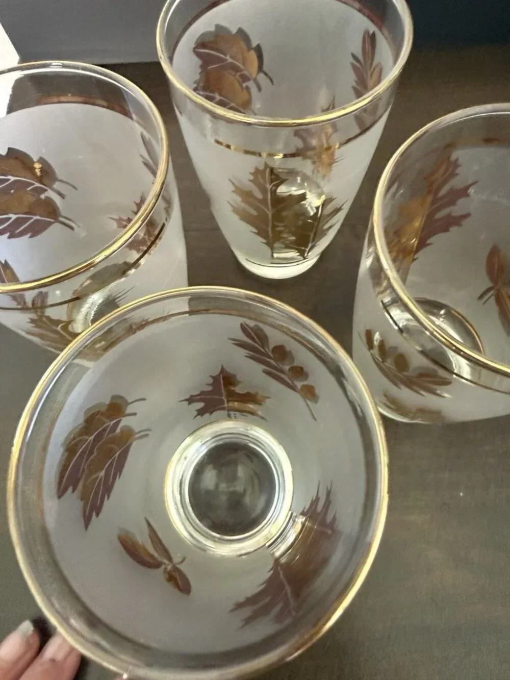 5 Vintage Libby Glass Company Tumblers Golden Foliage Pattern Frost Finish 22K